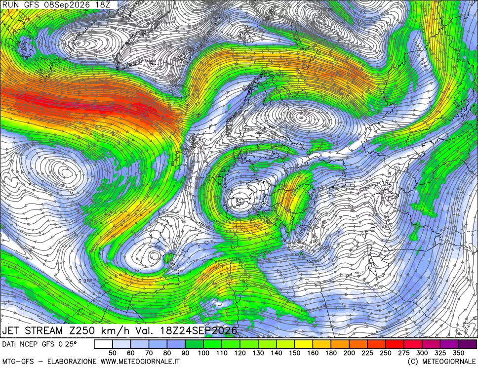 mappa 250 hPa Jet stream