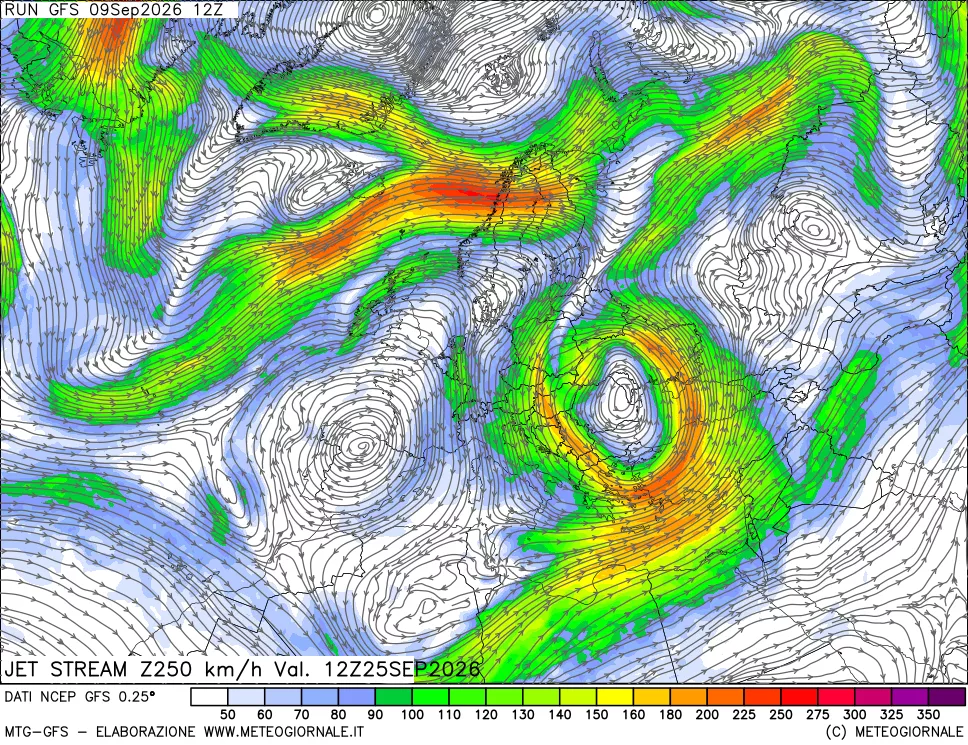 mappa 250 hPa Jet stream