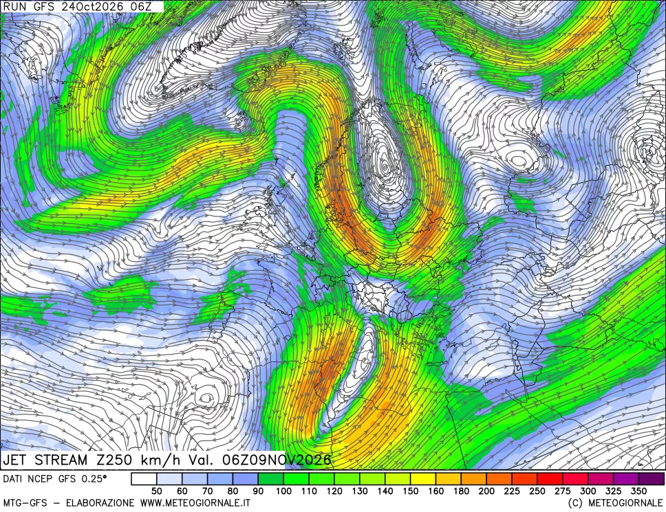 mappa 250 hPa Jet stream