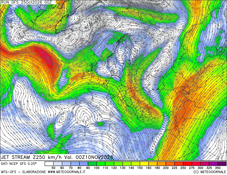 mappa 250 hPa Jet stream