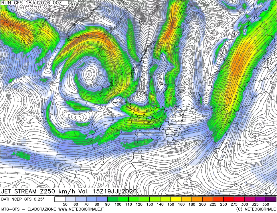 mappa 250 hPa Jet stream