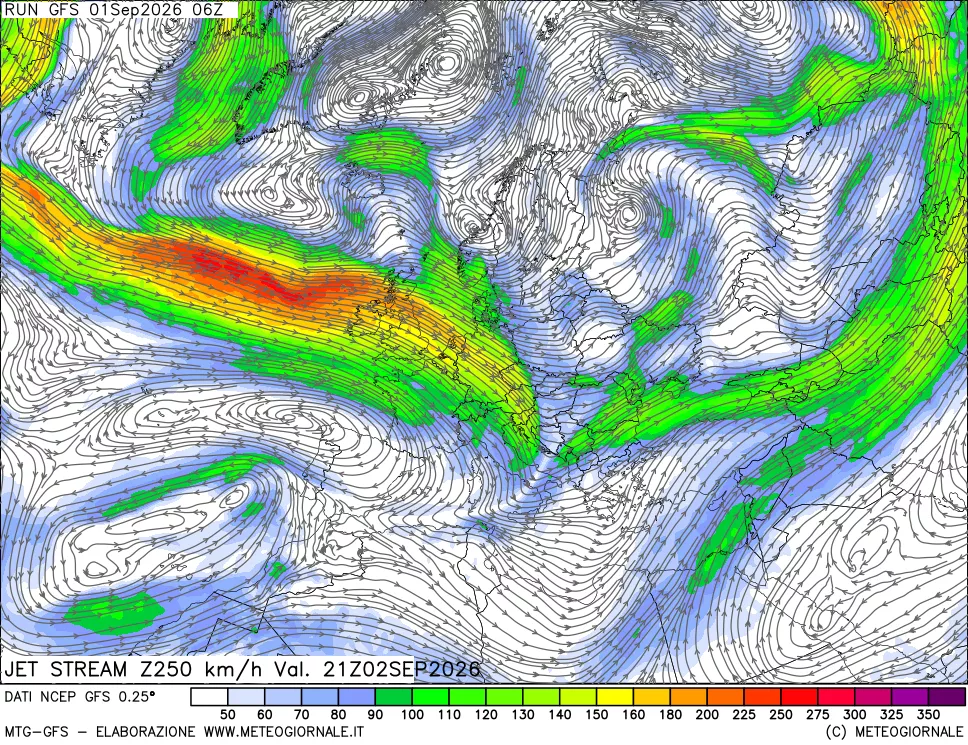 mappa 250 hPa Jet stream