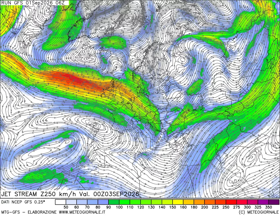 mappa 250 hPa Jet stream