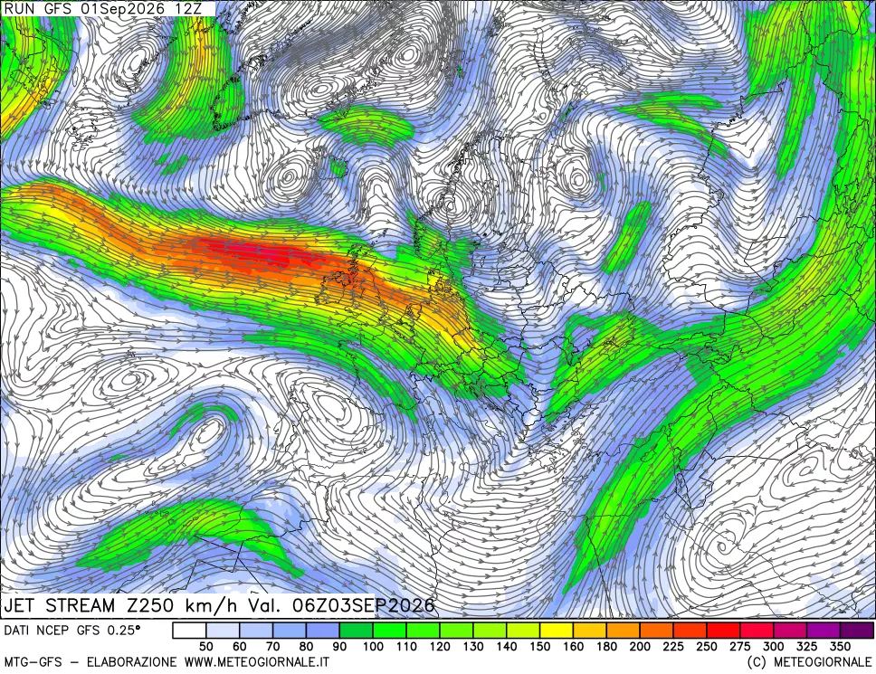 mappa 250 hPa Jet stream