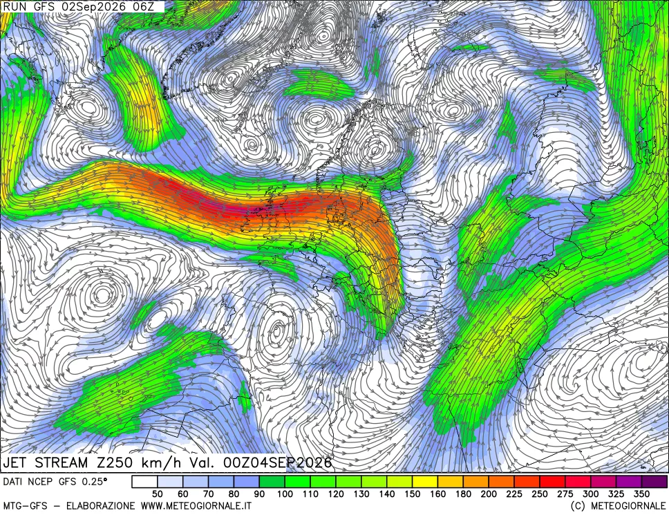 mappa 250 hPa Jet stream