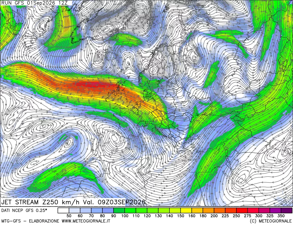 mappa 250 hPa Jet stream