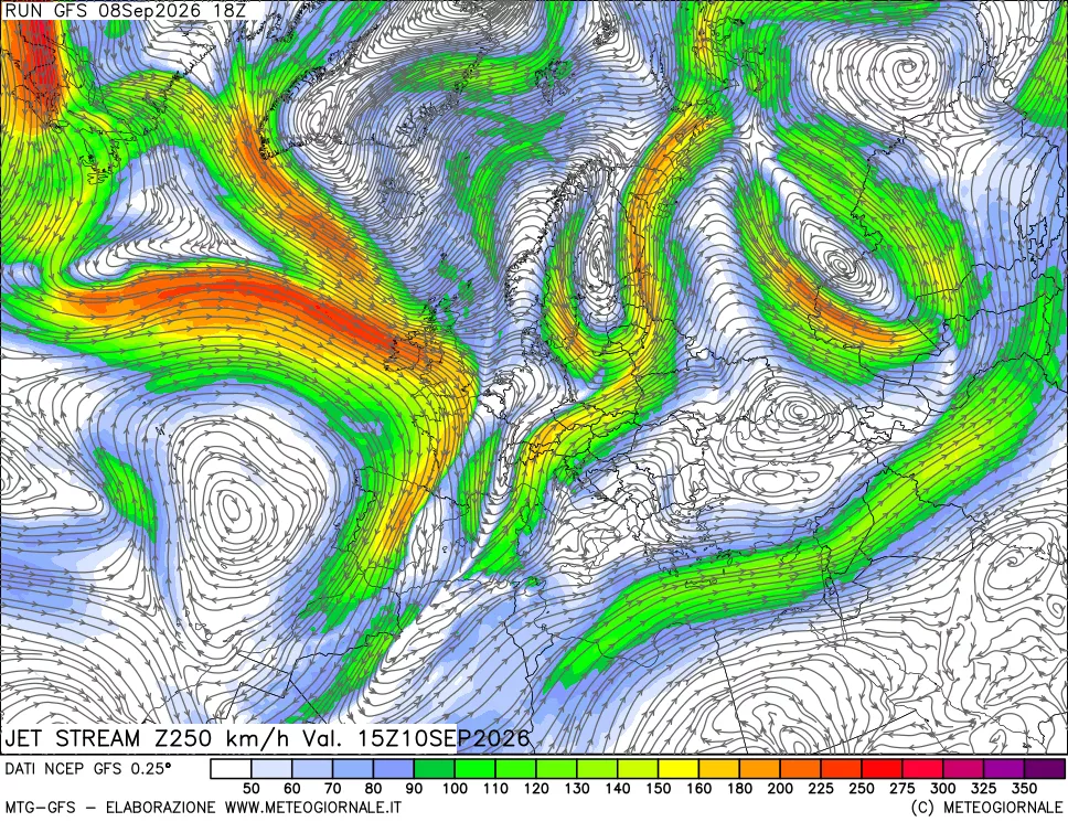 mappa 250 hPa Jet stream
