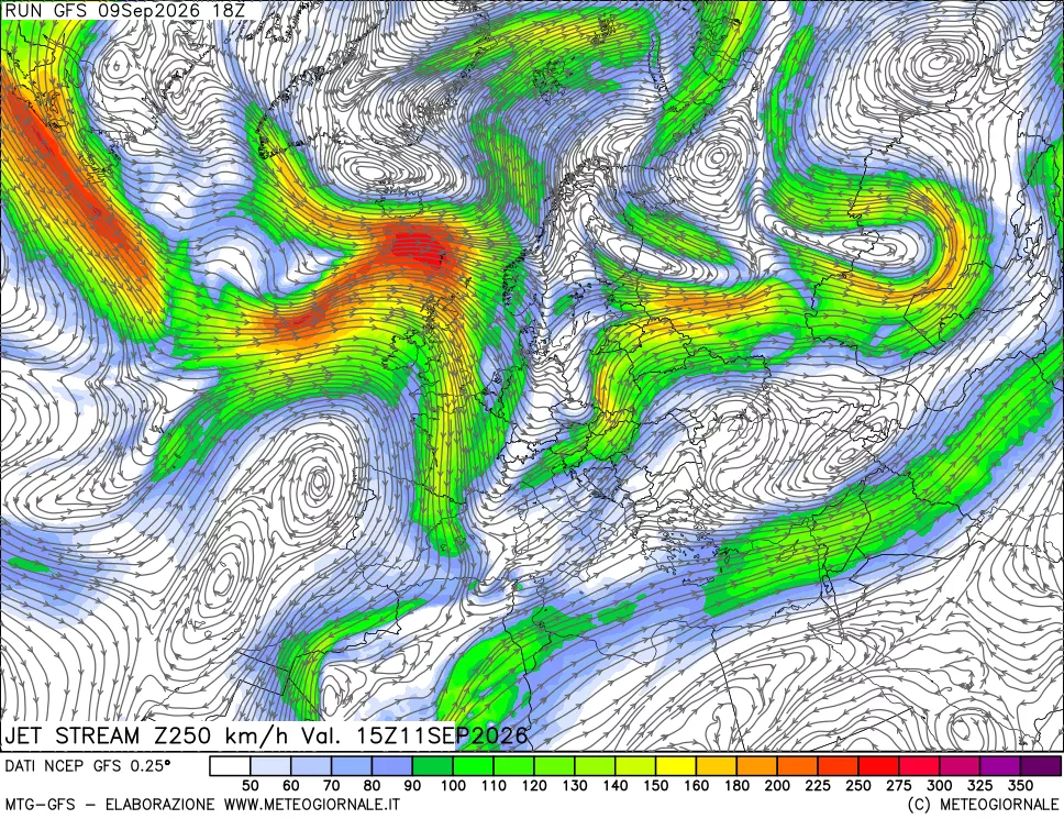 mappa 250 hPa Jet stream