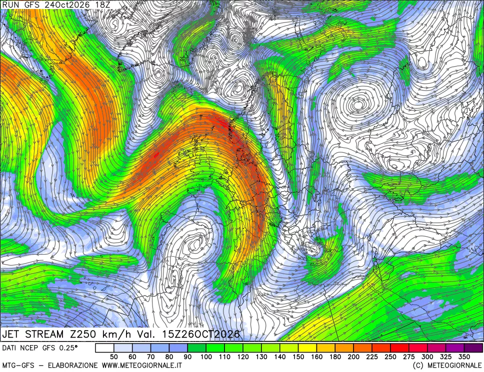 mappa 250 hPa Jet stream