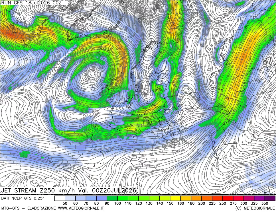 mappa 250 hPa Jet stream