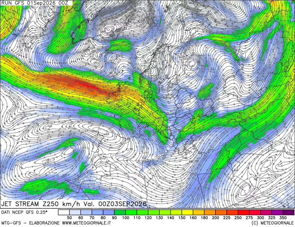 mappa 250 hPa Jet stream