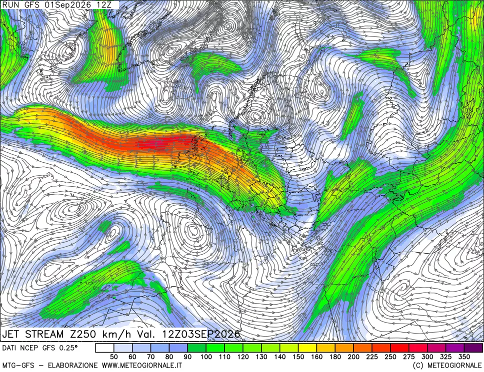 mappa 250 hPa Jet stream