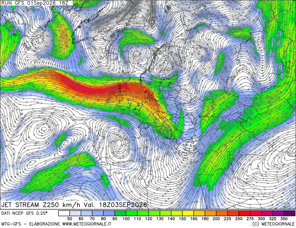 mappa 250 hPa Jet stream