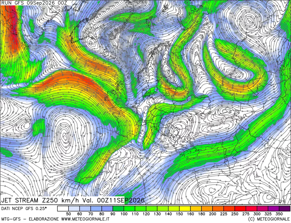 mappa 250 hPa Jet stream