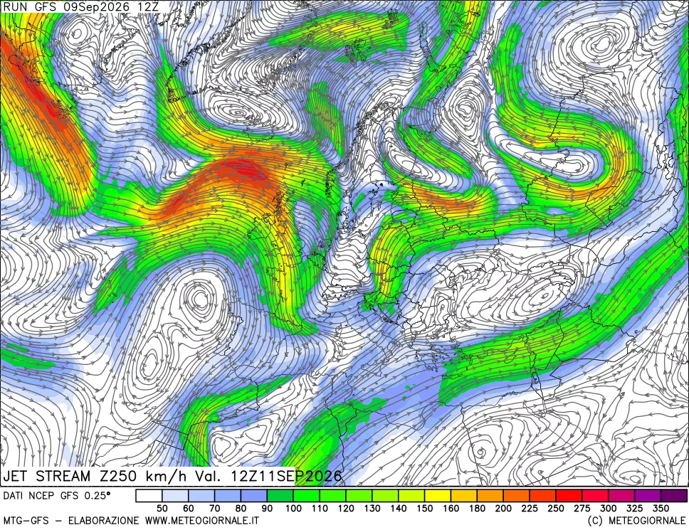 mappa 250 hPa Jet stream