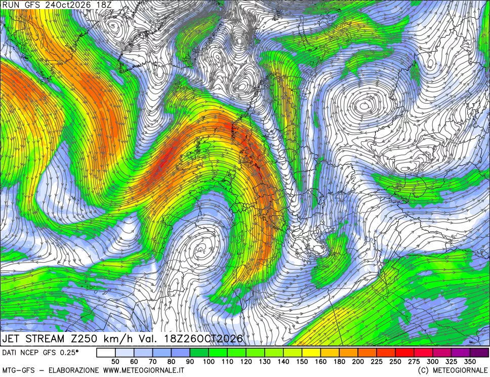 mappa 250 hPa Jet stream