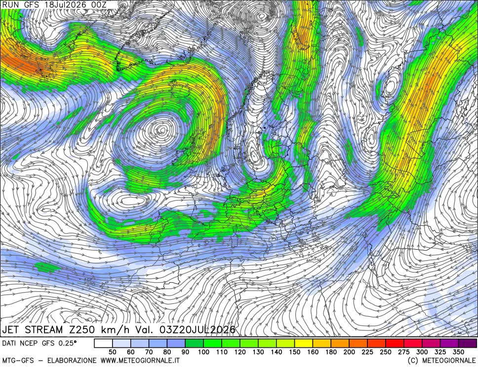 mappa 250 hPa Jet stream
