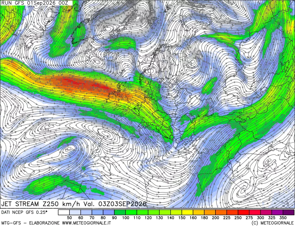 mappa 250 hPa Jet stream