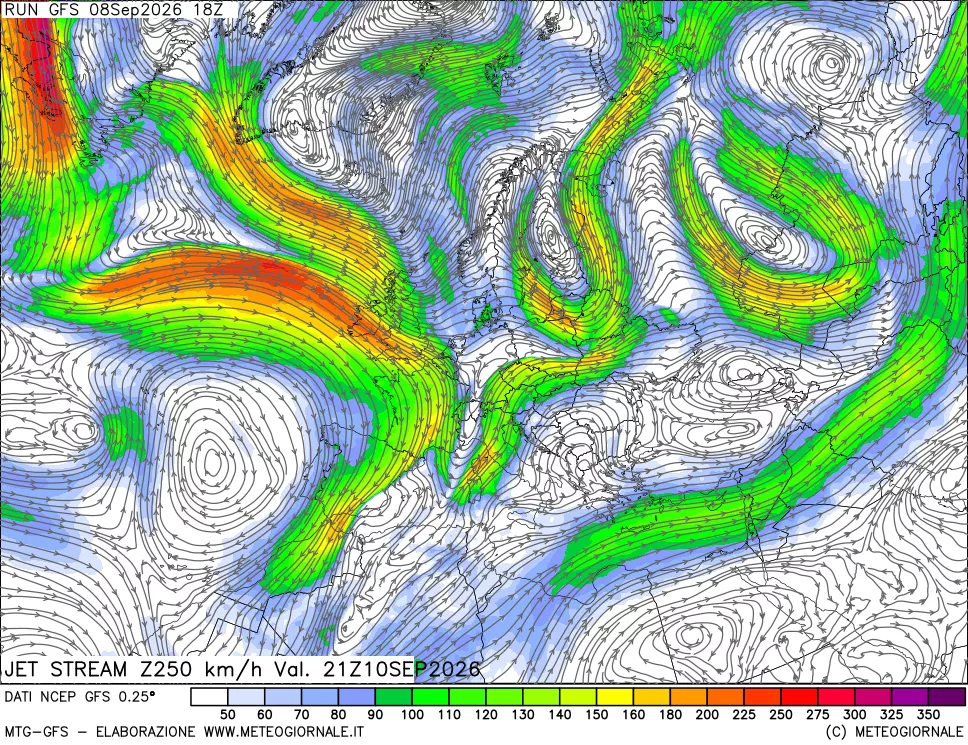 mappa 250 hPa Jet stream