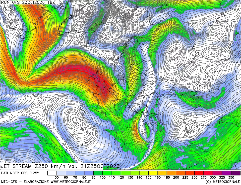 mappa 250 hPa Jet stream