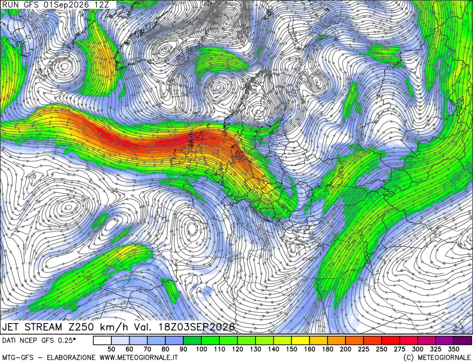 mappa 250 hPa Jet stream