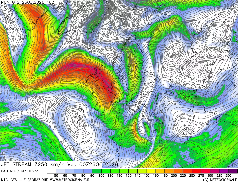 mappa 250 hPa Jet stream