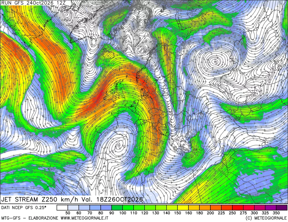 mappa 250 hPa Jet stream