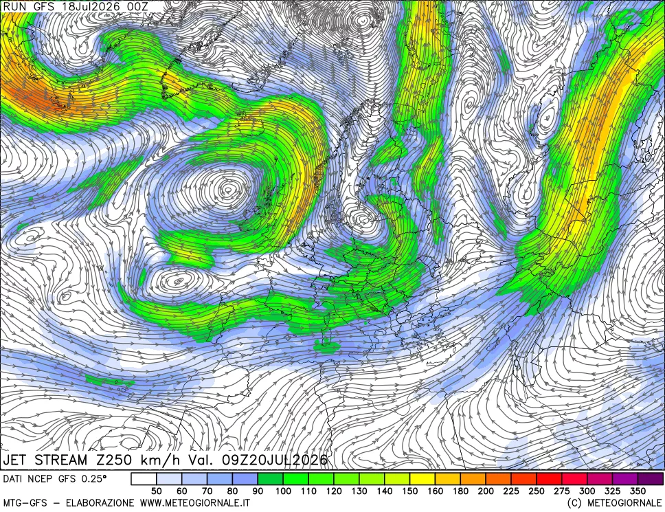 mappa 250 hPa Jet stream