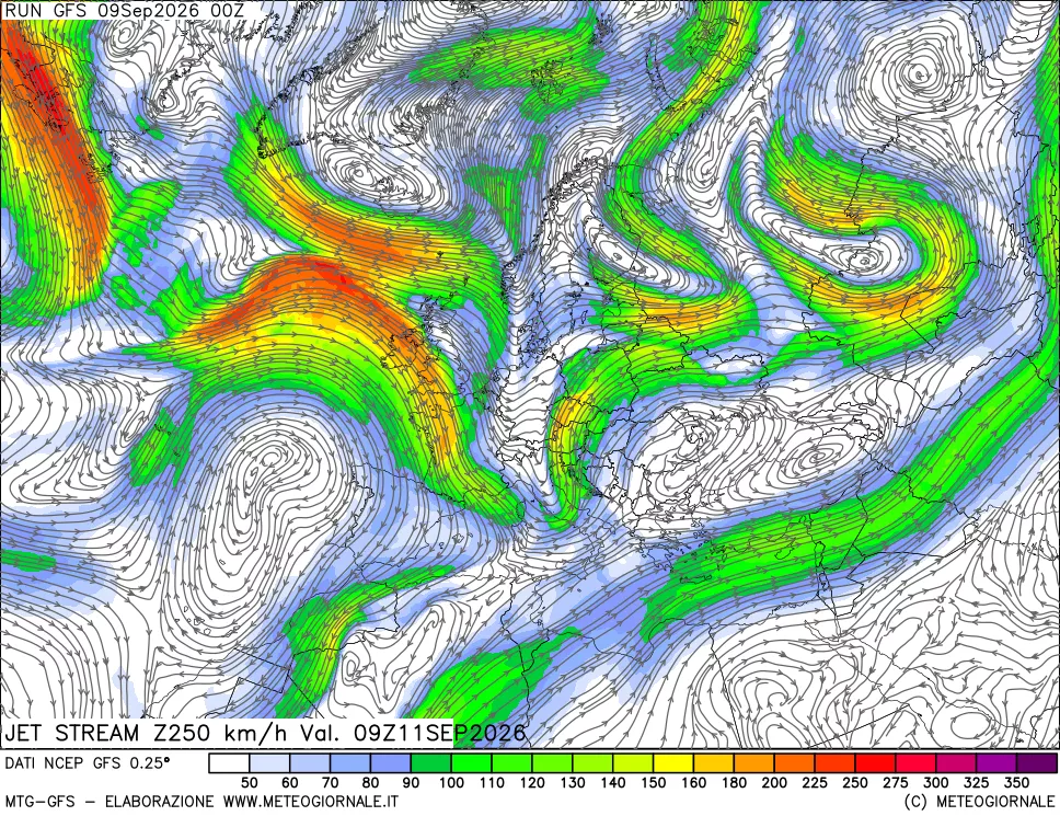 mappa 250 hPa Jet stream