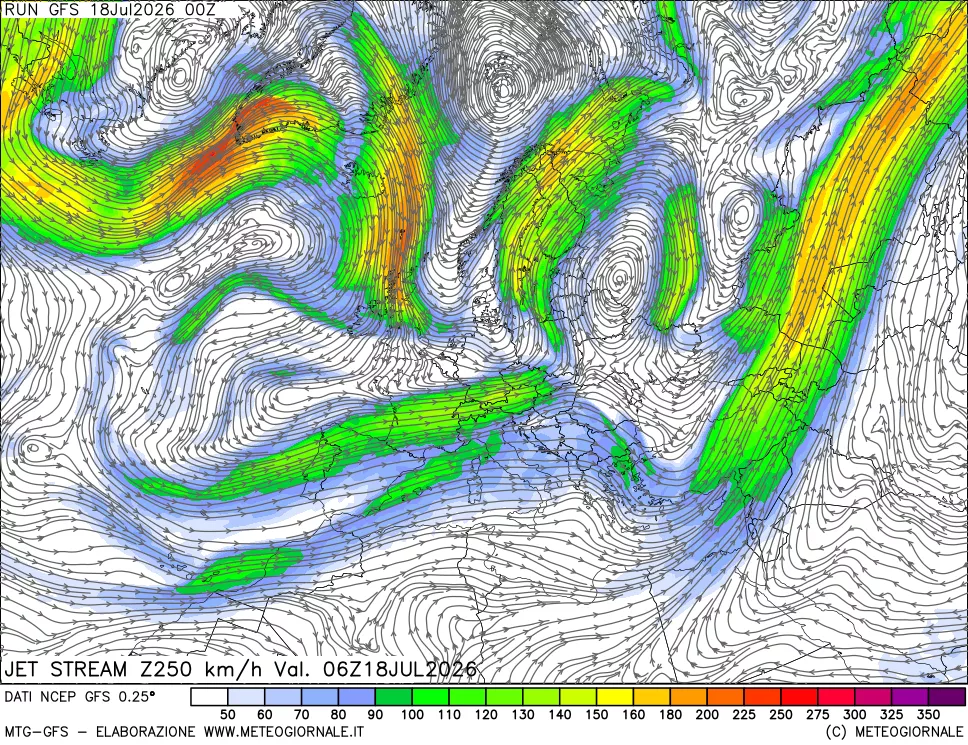 mappa 250 hPa Jet stream