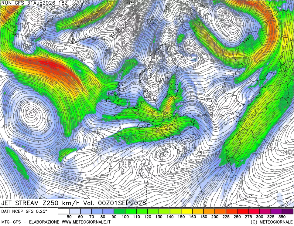 mappa 250 hPa Jet stream