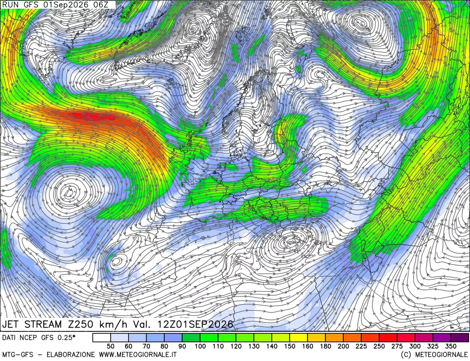 mappa 250 hPa Jet stream