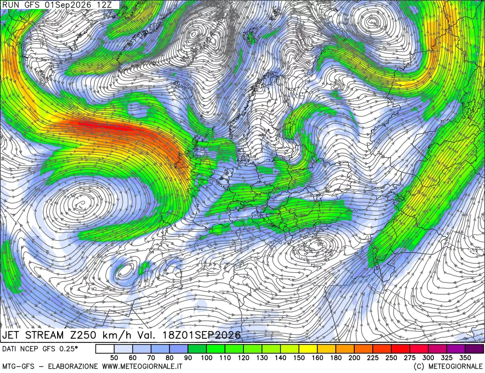 mappa 250 hPa Jet stream
