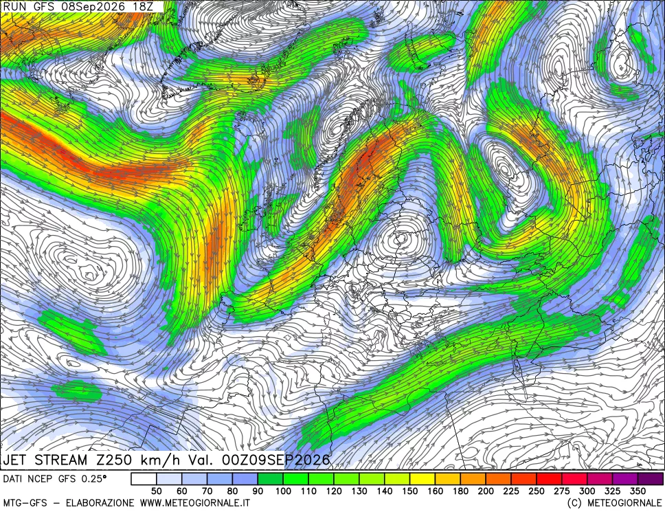 mappa 250 hPa Jet stream