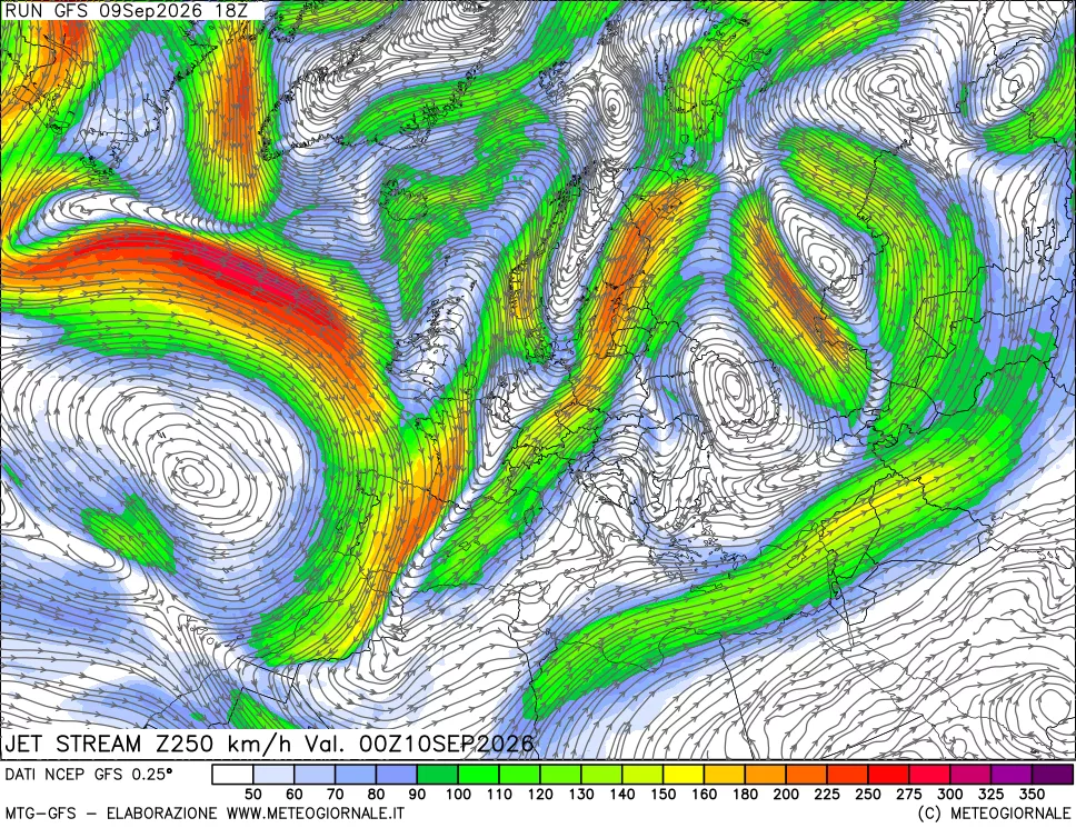 mappa 250 hPa Jet stream