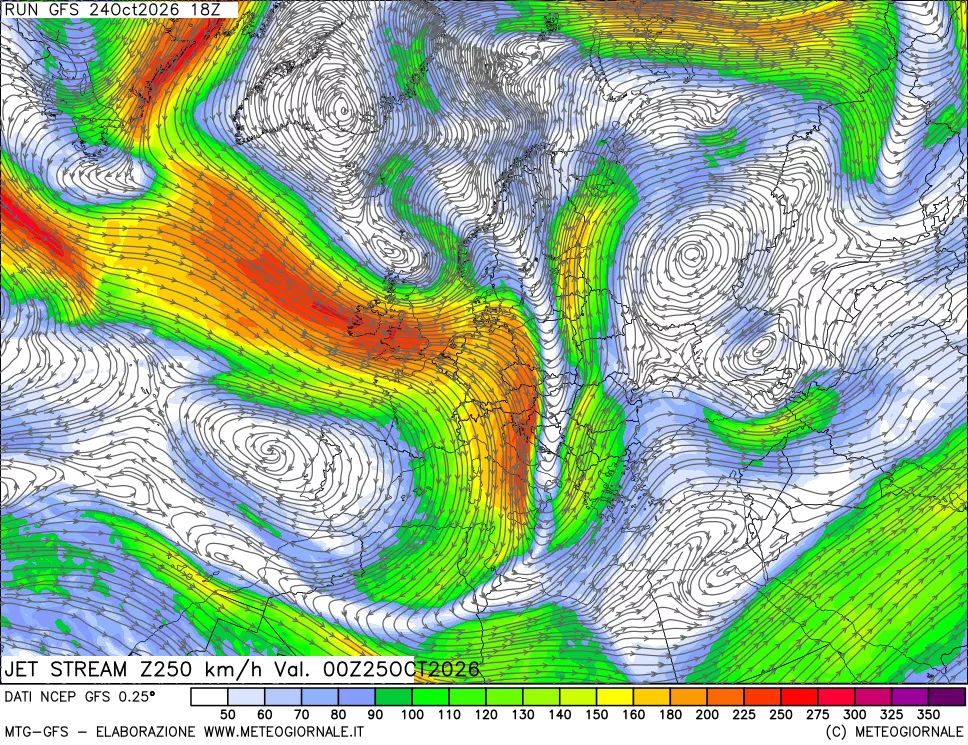 mappa 250 hPa Jet stream