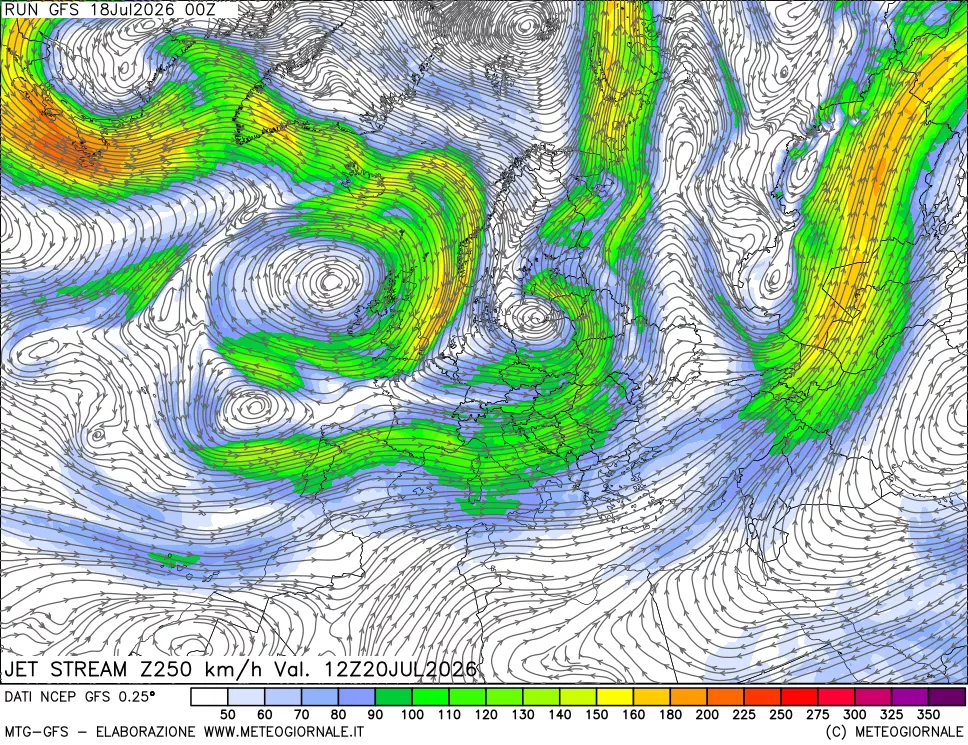 mappa 250 hPa Jet stream