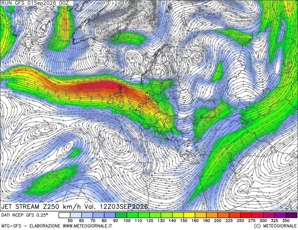 mappa 250 hPa Jet stream