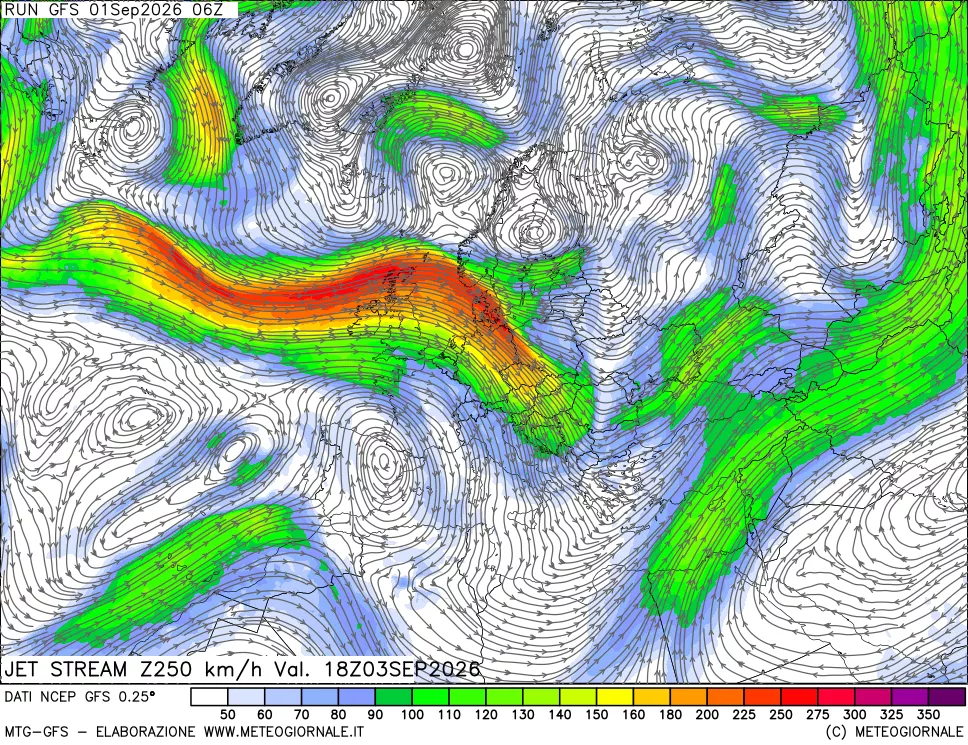 mappa 250 hPa Jet stream