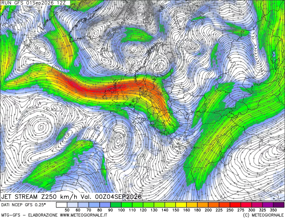 mappa 250 hPa Jet stream