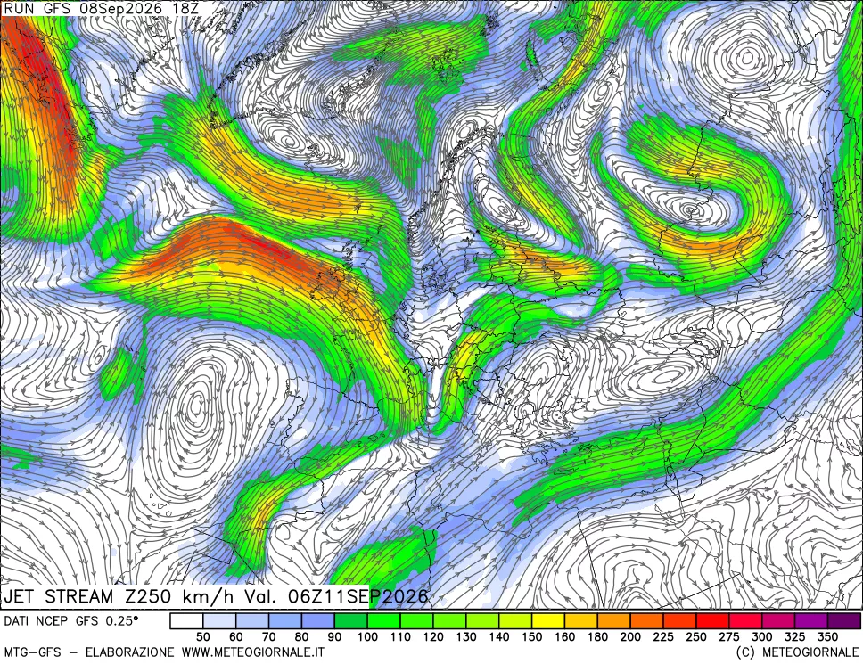 mappa 250 hPa Jet stream