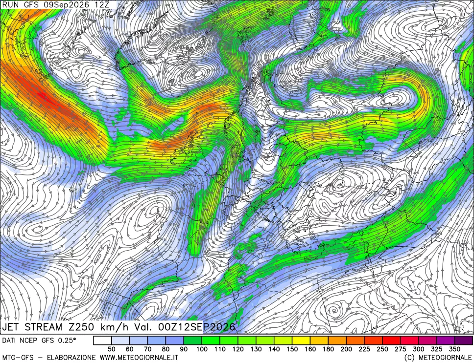 mappa 250 hPa Jet stream