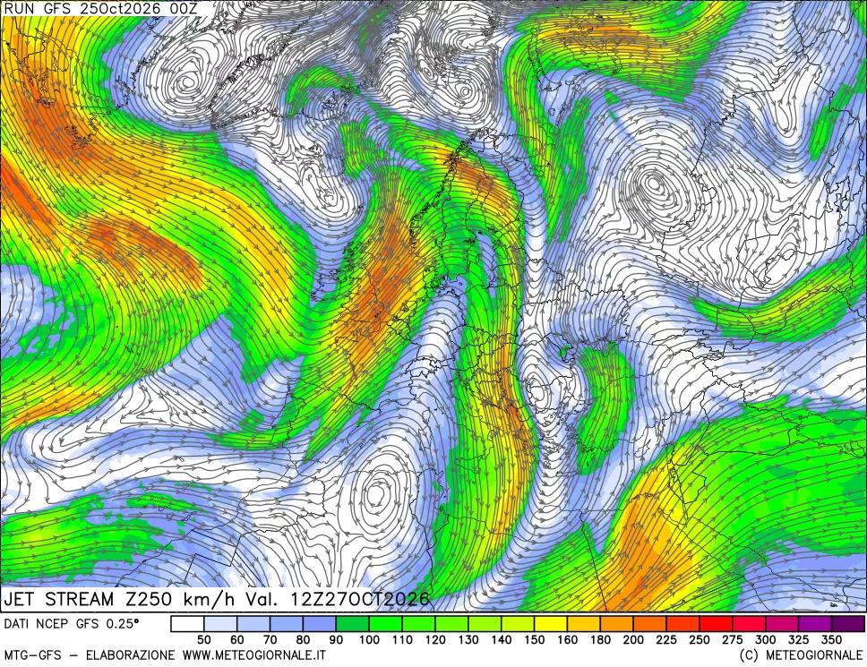 mappa 250 hPa Jet stream