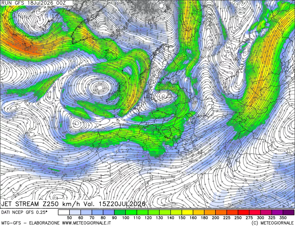 mappa 250 hPa Jet stream