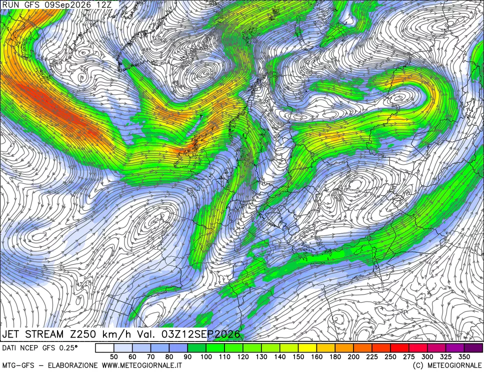 mappa 250 hPa Jet stream