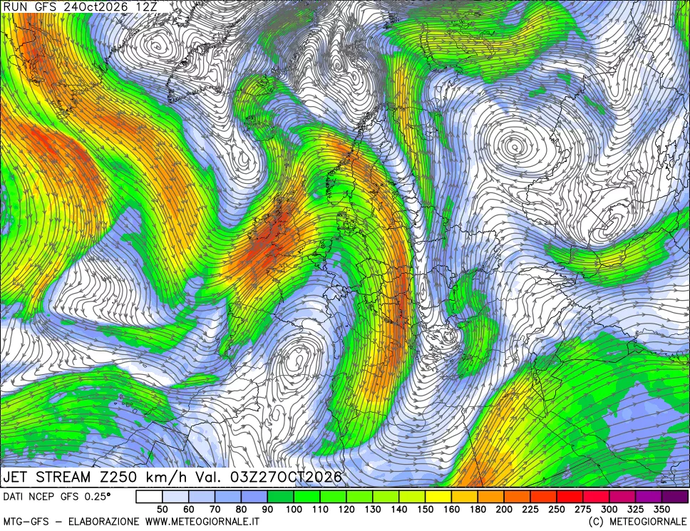 mappa 250 hPa Jet stream