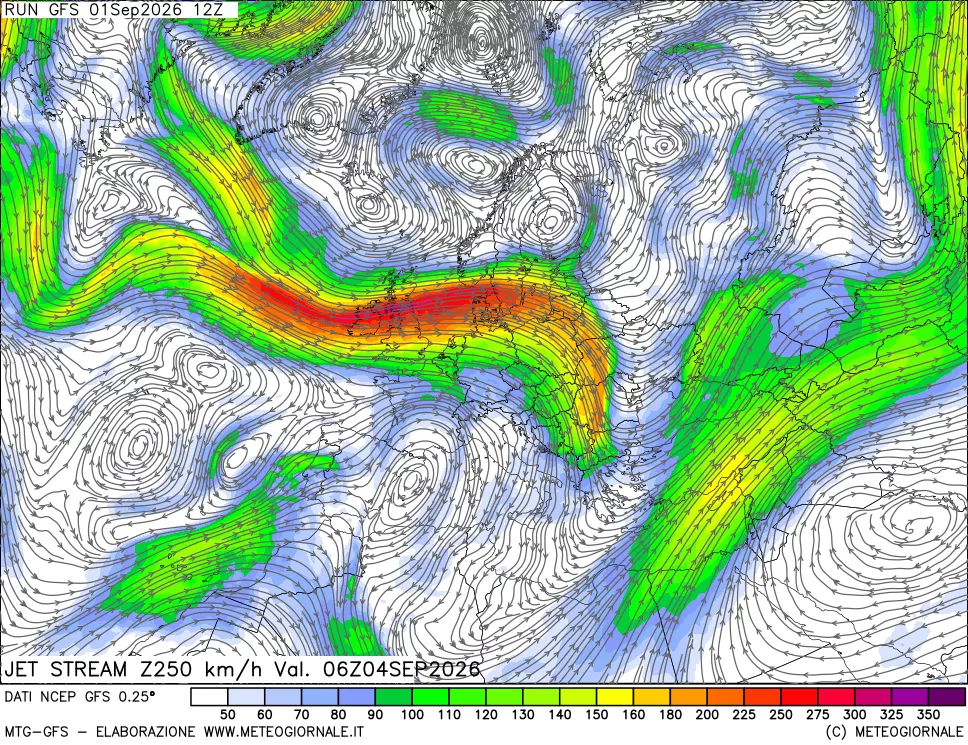 mappa 250 hPa Jet stream