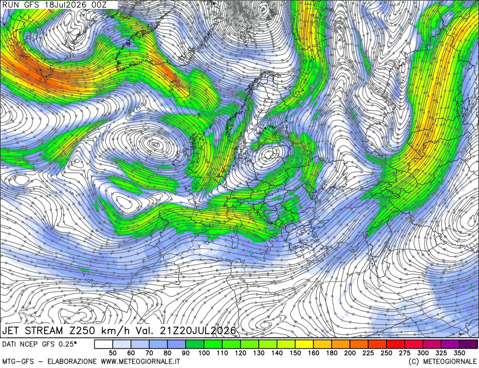 mappa 250 hPa Jet stream
