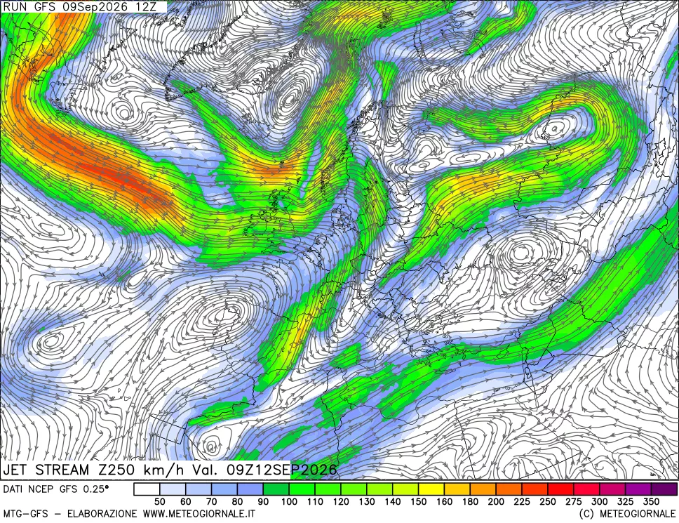 mappa 250 hPa Jet stream