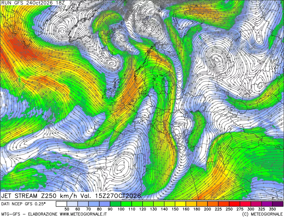 mappa 250 hPa Jet stream